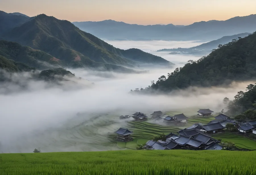 盆地に低くたれこめる朝霧（イメージ）