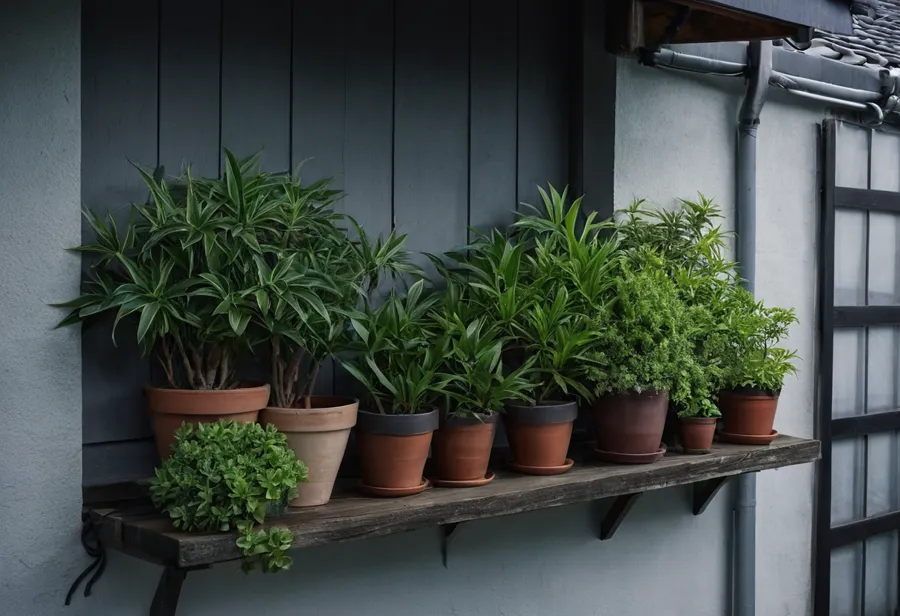軒下に寄せられた鉢植え（イメージ）