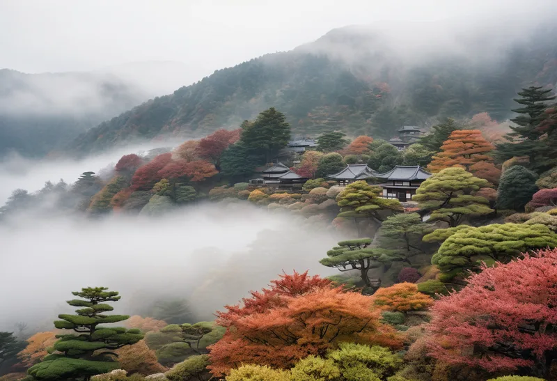 盆地に低くたれこめる朝霧（イメージ）